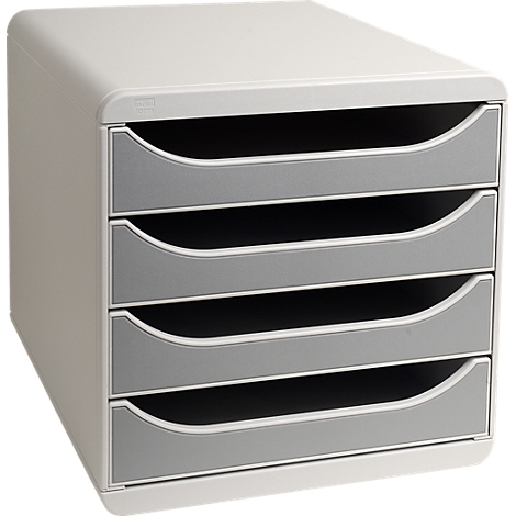 Grijze en witte opbergbox met vier lades. Elke lade heeft een gebogen, grijze handgreep.