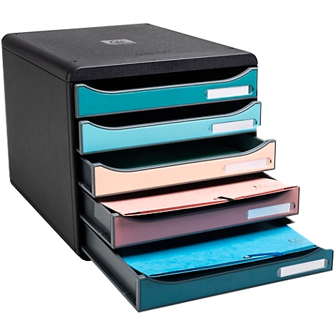 Organisateur de documents noir avec cinq tiroirs colorés : turquoise, bleu clair, beige, rose et bleu. Les tiroirs peuvent être étiquetés.