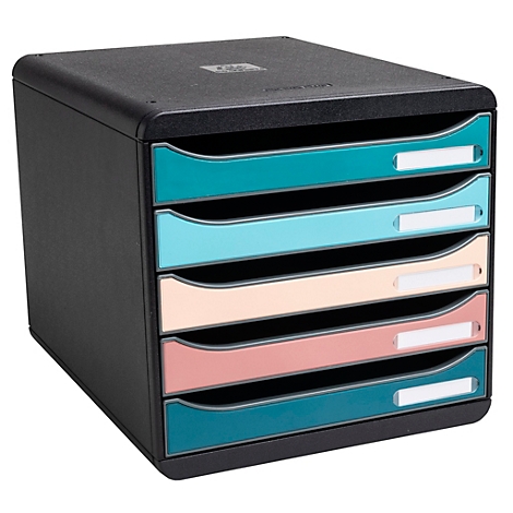 Organisateur de documents noir avec cinq tiroirs colorés.