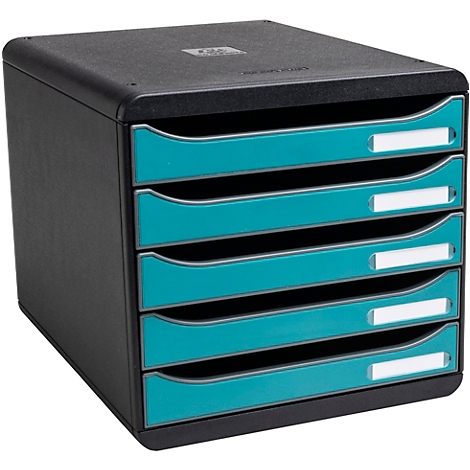 Organisateur de documents noir avec cinq tiroirs turquoise et des champs d'étiquetage blancs.