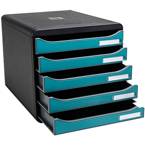 Organisateur de documents noir avec cinq tiroirs turquoise. Chaque tiroir a une étiquette blanche.