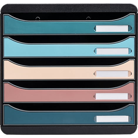 Mehrfarbiger Briefablage-Organizer mit fünf Fächern und Namensschildern.