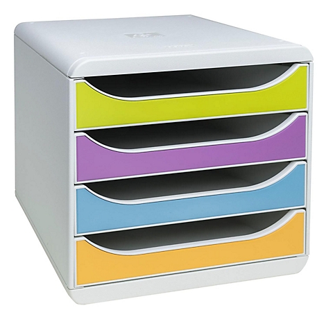Grauer Aktenorganizer mit 4 farbigen Schubladen: gelb, lila, blau und orange.