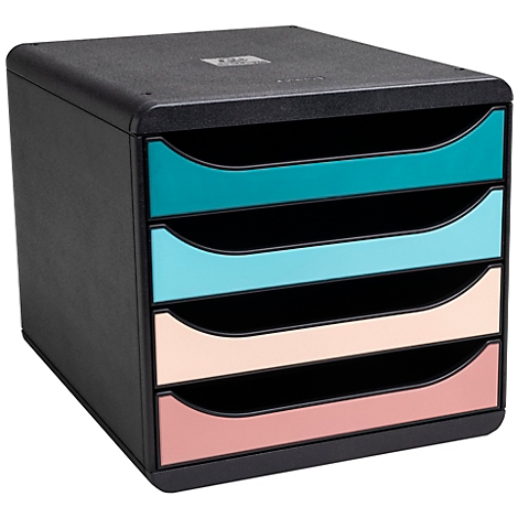 Zwarte documentenorganizer met vier gekleurde laden: turquoise, lichtblauw en roze. Het object staat voor een neutrale achtergrond.
