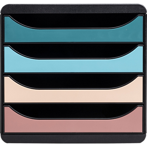 Zwarte documentenorganizer met vier gekleurde vakken: turquoise, lichtblauw, beige en roze.