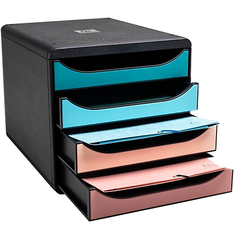 Organisateur de documents noir avec quatre plateaux de différentes couleurs, certains remplis de papiers.