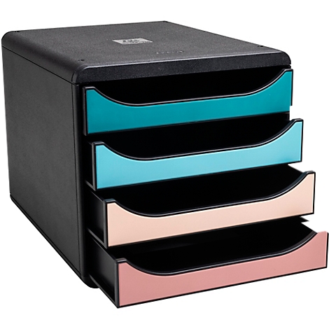 Organisateur de documents noir avec quatre tiroirs colorés : turquoise, bleu clair, beige et rose.
