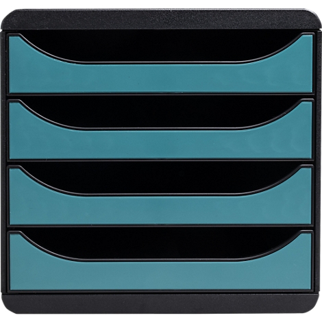 Organisateur de documents noir avec quatre compartiments, en partie turquoise, en partie noir.
