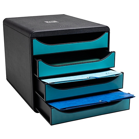 Organisateur de documents noir avec 4 tiroirs. Chaque tiroir contient un dossier bleu. Vue d'ensemble, fond blanc.