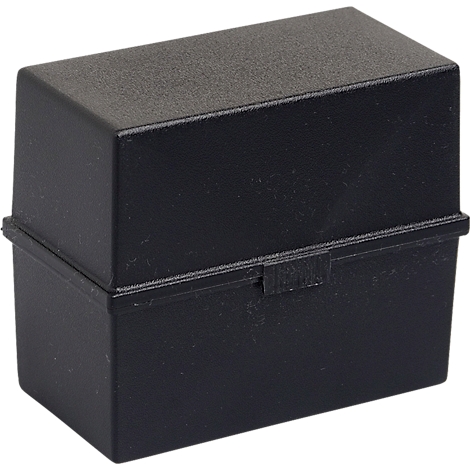 Boîte en plastique noire, rectangulaire, avec couvercle et fermeture à pression.