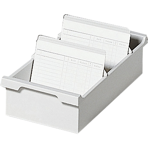 Boîte de fiches blanche avec fiches, montrant des colonnes et des rangées. La boîte est légèrement inclinée.