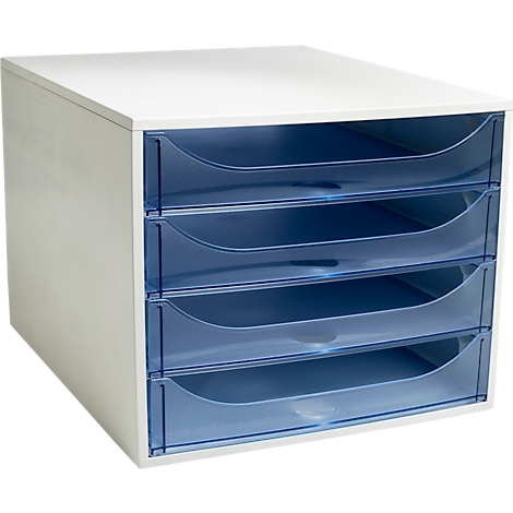 Organisateur de classeur blanc avec quatre tiroirs en plastique bleu transparent.