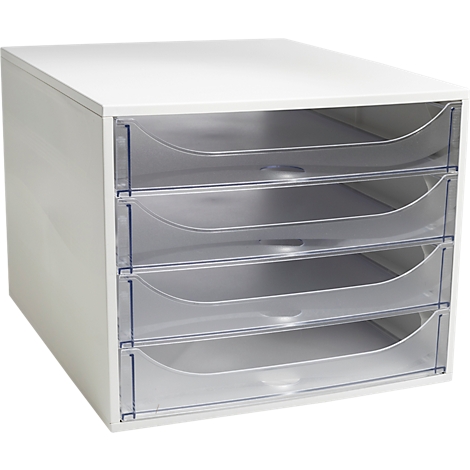 Organisateur de bureau carré blanc avec quatre tiroirs en plastique transparent.