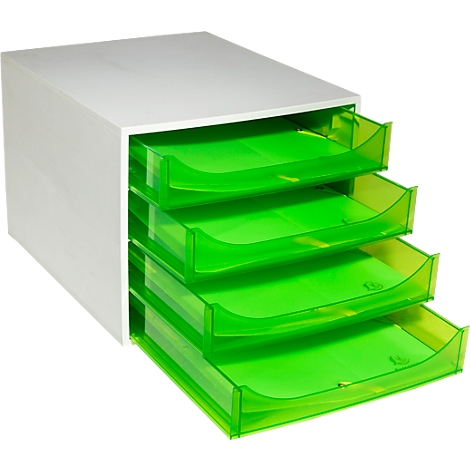 Pile de bureau blanc avec quatre tiroirs verts, partiellement sortis.