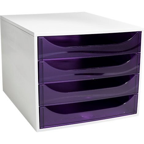 Système de classement blanc avec quatre tiroirs violets.
