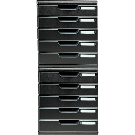 Organisateur de documents noir avec 10 tiroirs et étiquettes blanches.