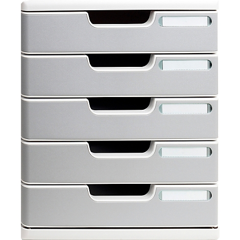 Organisateur de bureau gris empilable avec cinq tiroirs.