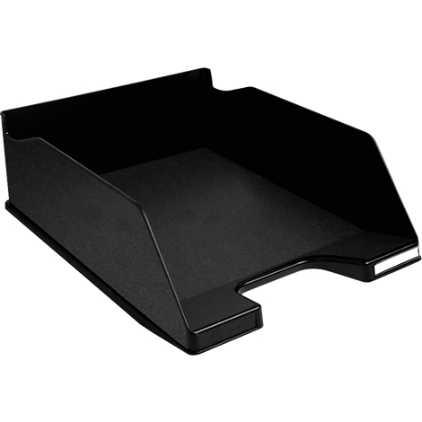 Schwarzes Briefablage-Tablett aus Kunststoff, schräg von oben fotografiert.
