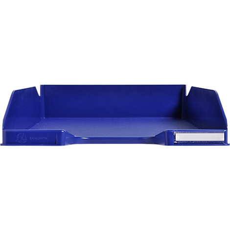 Blaue Ablageschale mit Aufschrift. Rechteckige Form, tiefe Ränder und Aussparung.