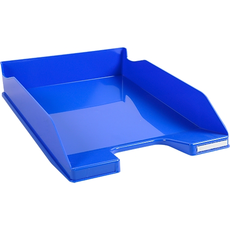 Blaue Ablageschale mit abfallender Vorderseite. Auf einer Seite befindet sich ein weisses Rechteck.