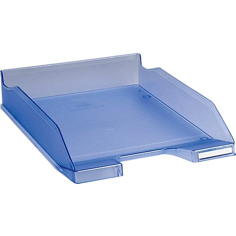 Blaue Ablageschale aus Kunststoff. Das Design ist transparent und mit einem Etikett versehen.