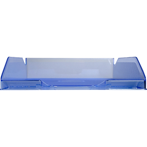 Blaue, transparente Stifthalterung, rechteckig mit erhöhten Seiten und Fächern.