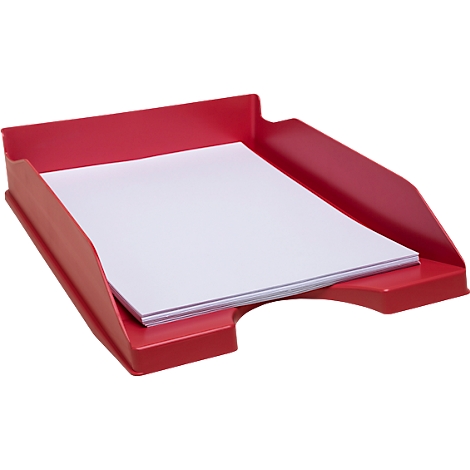 Rote Ablageschale mit Papierstapel. Schale aus Kunststoff, stapelbar. Neutraler Hintergrund.