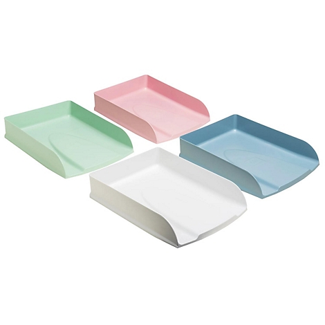 Vier farbige Ablagefächer: Grün, Rosa, Blau und Weiß, auf weißem Hintergrund.