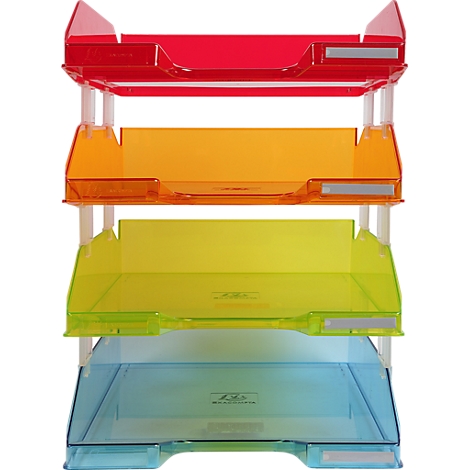 Mehrfarbiger Briefkorb mit vier Ebenen, rot, orange, gelb und blau, durchsichtiges Kunststoffdesign.