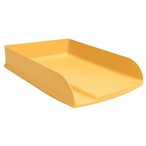 Gelbe Ablageschale mit abgeschrägten Kanten.