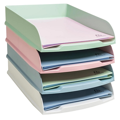 Veelkleurige brievenbakorganizer met vier compartimenten. Elke lade heeft een andere kleur: groen, roze, blauw en wit. Er liggen papieren in elk compartiment.
