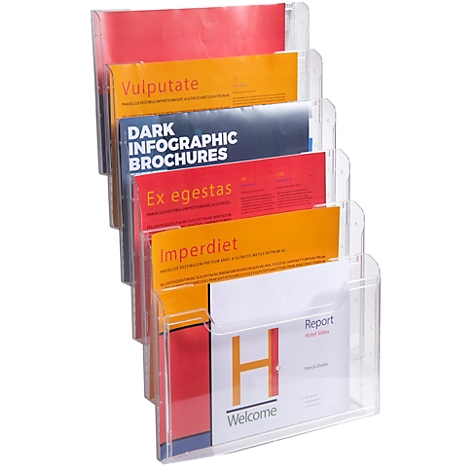 Transparante brochurehouder met papieren in verschillende kleuren en opschriften.