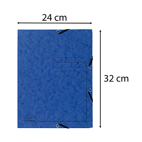 Classeur bleu, dimensions : 24 x 32 cm, fermeture élastique.