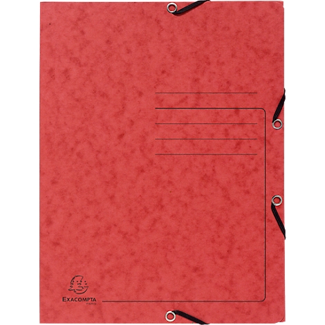 Chemise Exacompta rouge avec élastiques. Quatre lignes horizontales pour l'étiquetage en haut, logo en bas.