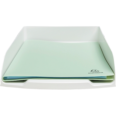 Witte lade met groene en blauwe papieren. Een logo in de rechter benedenhoek.