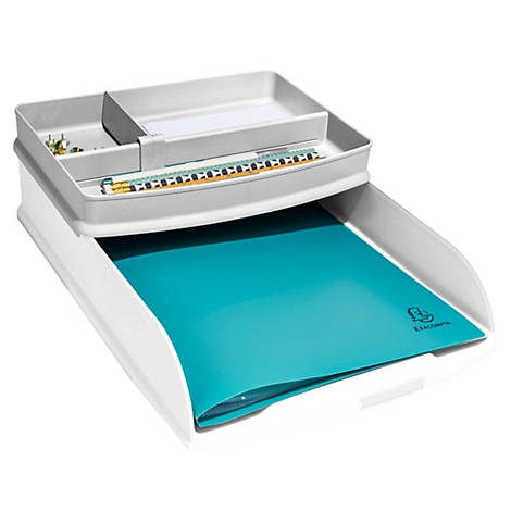 Un organiseur de bureau blanc et gris avec un insert bleu contenant des bijoux et des fournitures de bureau.