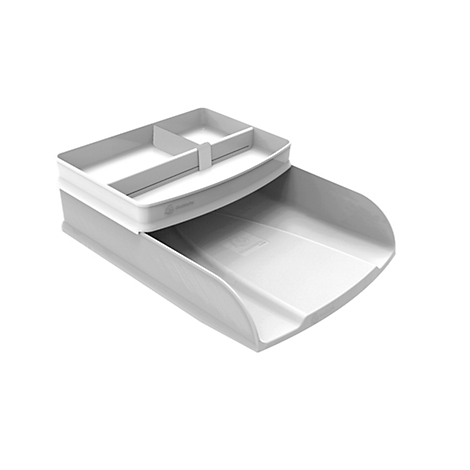 Système de rangement blanc avec plusieurs compartiments et un tiroir en dessous.