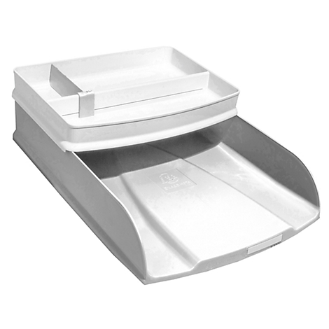 Système de rangement blanc, plateau supérieur avec compartiments, en dessous une glissière inclinée, pour papiers ou objets.