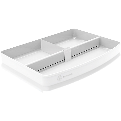 Witte rechthoekige bureau-organizerlade met compartimenten, afgeronde hoeken en een logo.