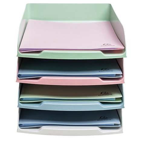 Plateau à lettres multicolore avec 5 compartiments. Chaque compartiment contient des feuilles colorées.