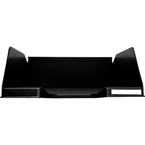 Trieur à papier noir et rectangulaire avec des côtés surélevés et une découpe sur le devant.