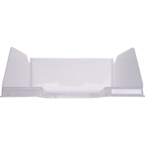 Bac de rangement rectangulaire transparent avec côtés surélevés et deux découpes en bas.