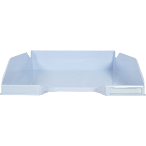 Bac à papier rectangulaire bleu clair. Côtés relevés, légèrement abaissés au milieu. En bas, un champ pour le texte.