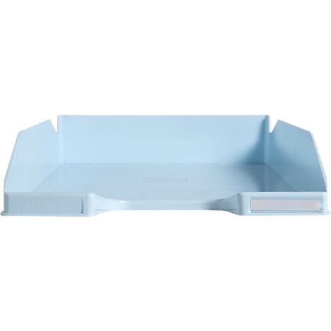 Bac à papier bleu clair avec poignées encastrées. À droite, un rectangle blanc, à gauche, une inscription.