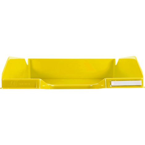 Bac jaune avec un dossier haut et une étiquette blanche. Matière plastique, forme claire.