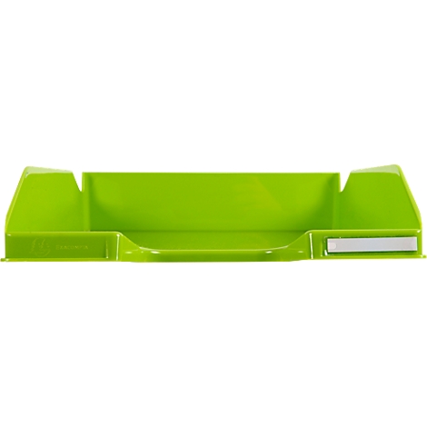 Bac de bureau vert, photographié légèrement en diagonale d'en haut. Il y a un rectangle blanc sur le côté droit.