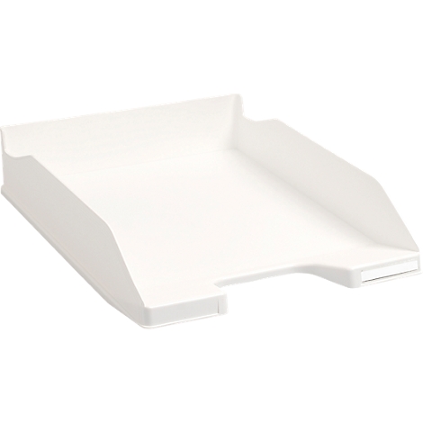 Bac à papier blanc, angulaire, avec côtés inclinés. Plus haut à gauche, avec une découpe à droite.
