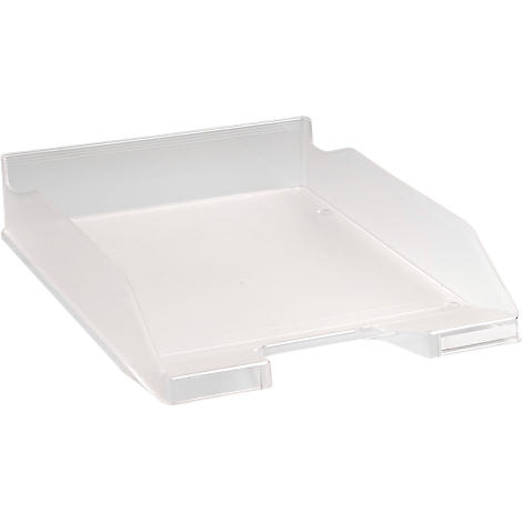 Bac à papier rectangulaire transparent en plastique. Avant bas, côtés légèrement inclinés vers le haut.