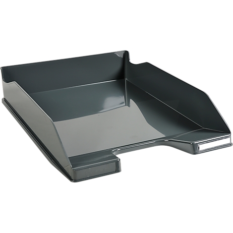 Plateau en plastique gris. Forme rectangulaire, un côté ouvert.