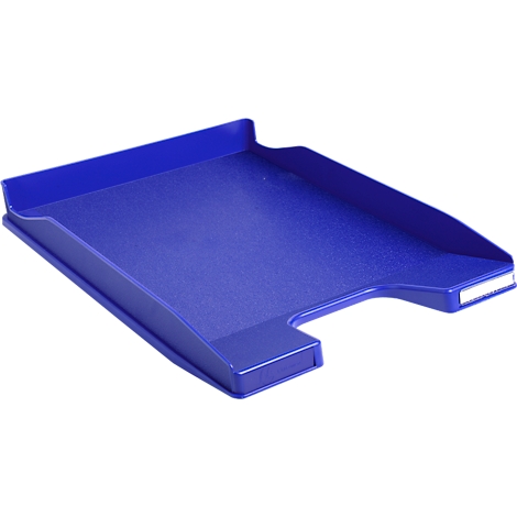Bac en plastique bleu, légèrement incliné. Le bord supérieur est relevé.